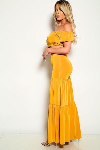 Mustard Short Sleeve Flared Two Piece Outfit - AMIClubwear