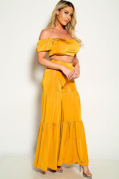 Mustard Short Sleeve Flared Two Piece Outfit - AMIClubwear