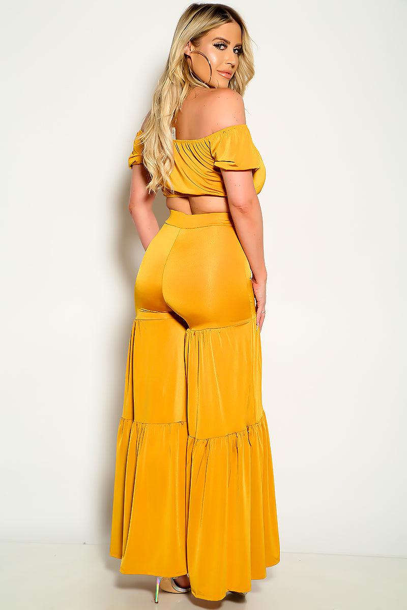 Mustard Short Sleeve Flared Two Piece Outfit - AMIClubwear