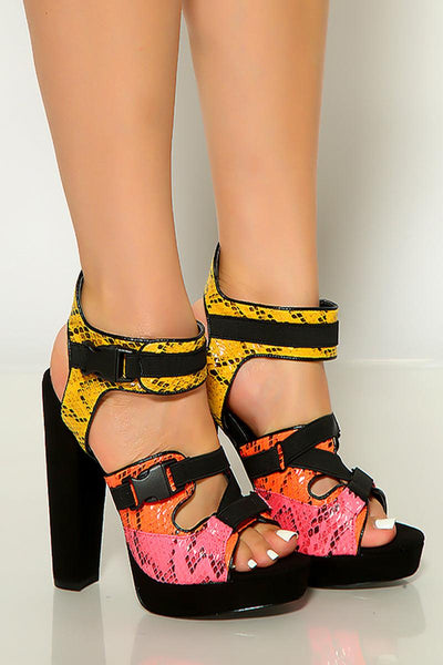 Muti Printed Strappy Platform Chunky High Heels - AMIClubwear