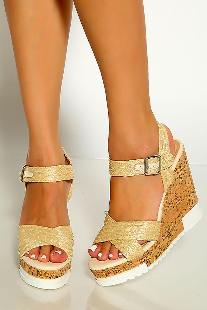 Natural Colored Criss Cross Braided Detail Straps Platform Wedges - AMIClubwear