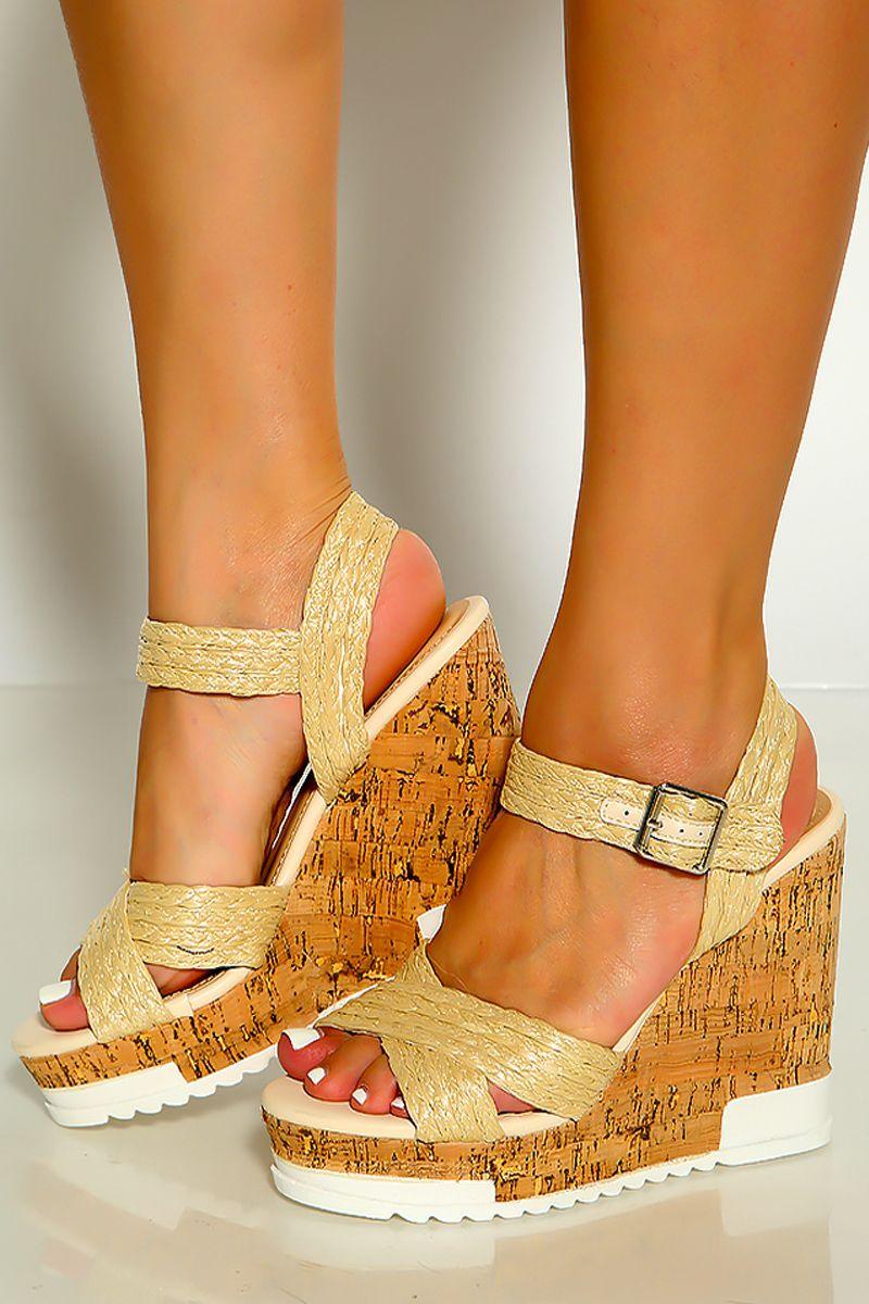 Natural Colored Criss Cross Braided Detail Straps Platform Wedges - AMIClubwear