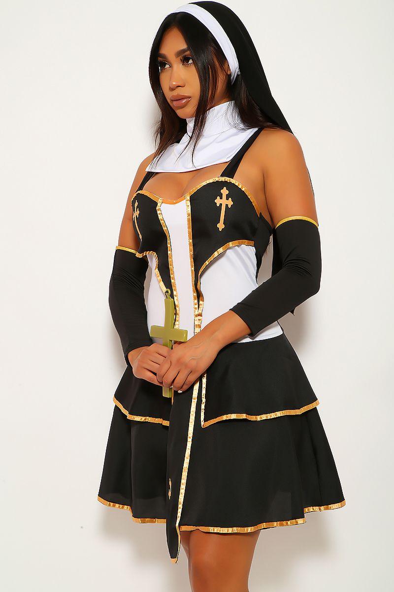 Naughty Black White Gold Sexy Nun 5 Pc. Costume Set - AMIClubwear