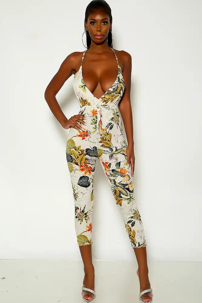 Navy Beige Sleeveless Floral Print Jumpsuit - AMIClubwear