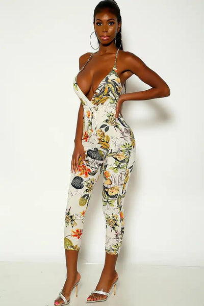 Navy Beige Sleeveless Floral Print Jumpsuit - AMIClubwear