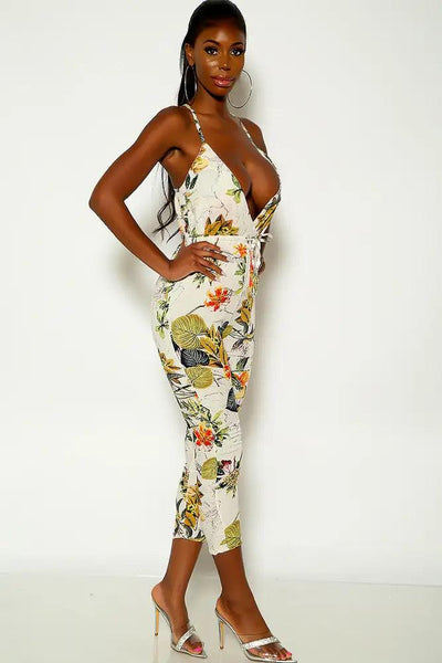 Navy Beige Sleeveless Floral Print Jumpsuit - AMIClubwear