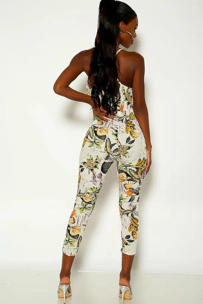 Navy Beige Sleeveless Floral Print Jumpsuit - AMIClubwear