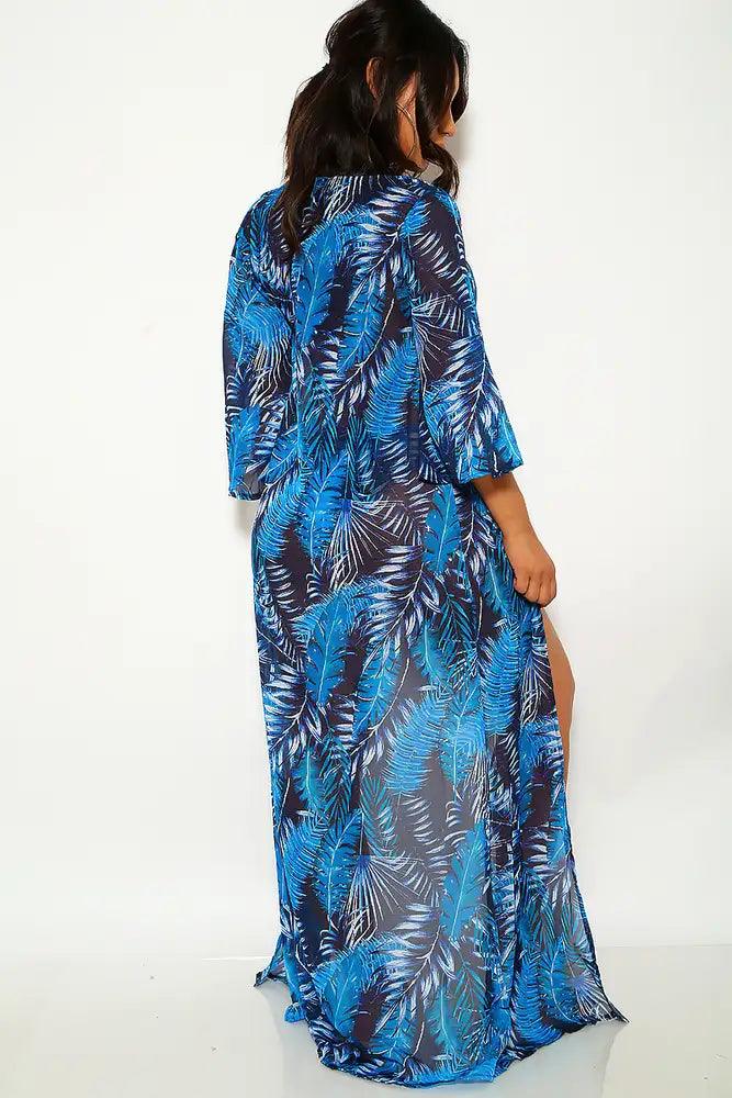 Navy Blue Leaf Print Swimsuit & Cover-Up Matching Set - AMIClubwear