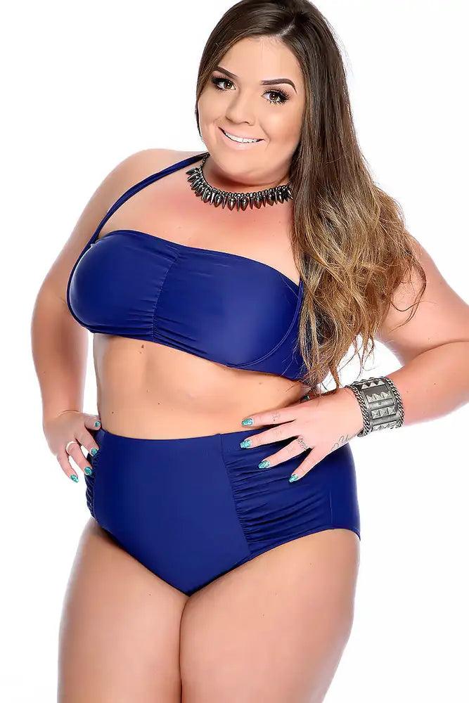 Navy Bold Halter Top Ruched High Waist Two Piece Swimsuit Plus - AMIClubwear