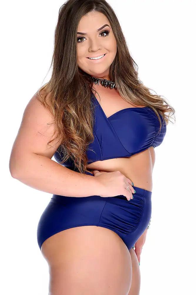 Navy Bold Halter Top Ruched High Waist Two Piece Swimsuit Plus - AMIClubwear