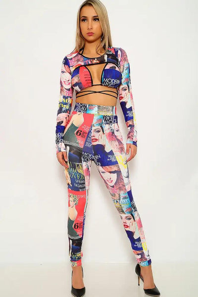 Navy Coral Newspaper Print Three Piece Outfit - AMIClubwear