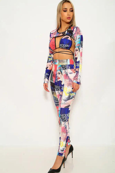 Navy Coral Newspaper Print Three Piece Outfit - AMIClubwear