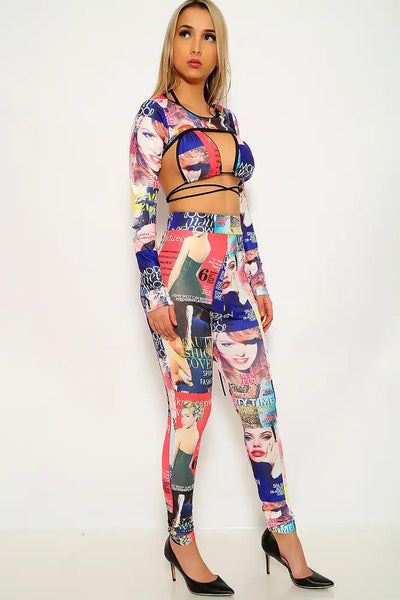 Navy Coral Newspaper Print Three Piece Outfit - AMIClubwear