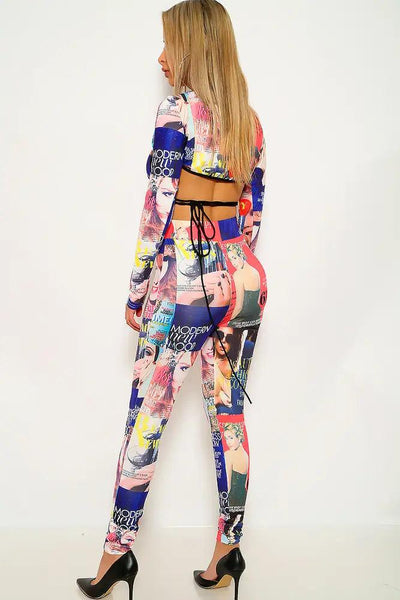 Navy Coral Newspaper Print Three Piece Outfit - AMIClubwear