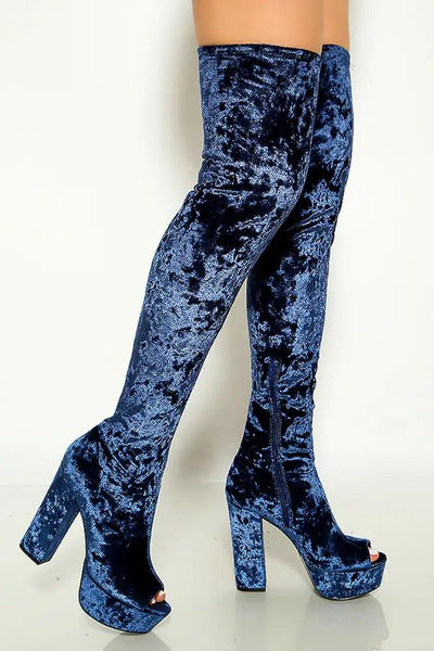 Navy Crushed Velvet Peep Toe Platform Chunky Heels Thigh High Boots - AMIClubwear