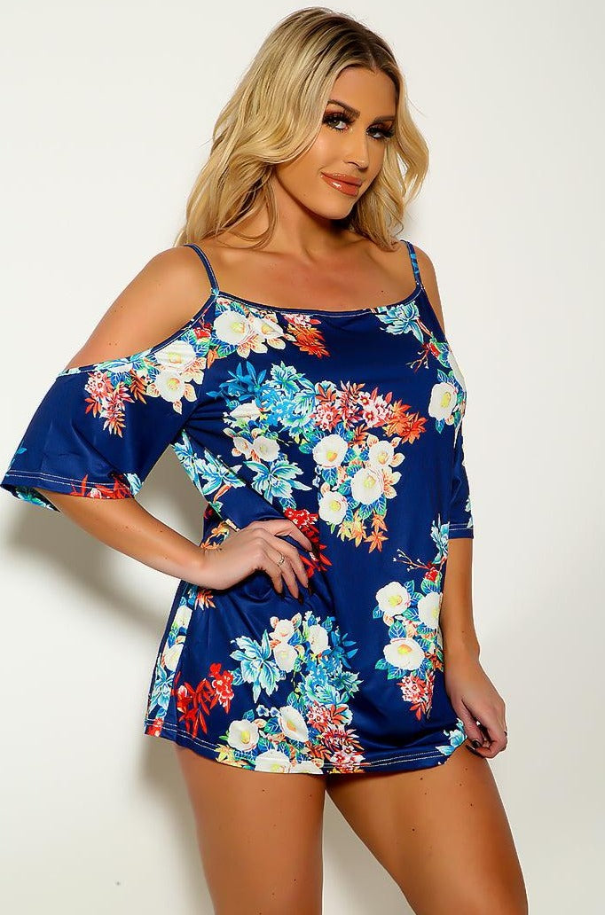 Navy Floral Cold Shoulder Short Sleeve Plus Size Top - AMIClubwear