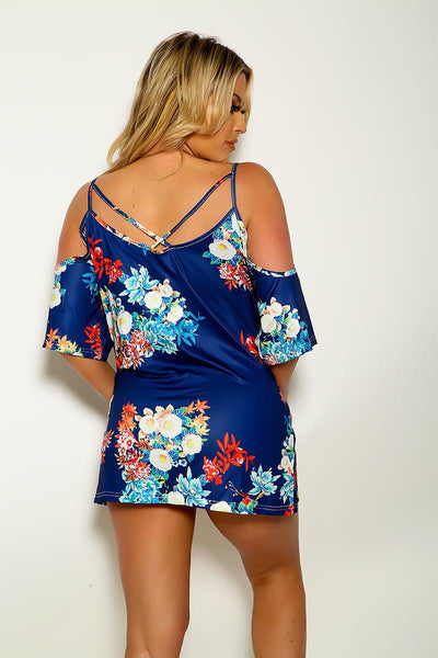 Navy Floral Cold Shoulder Short Sleeve Plus Size Top - AMIClubwear