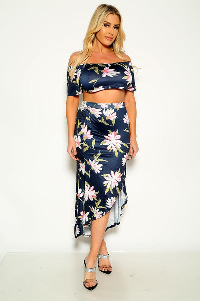 Navy Floral Off Shoulder Crop Top & Asymmetrical Hem Skirt Set - AMIClubwear