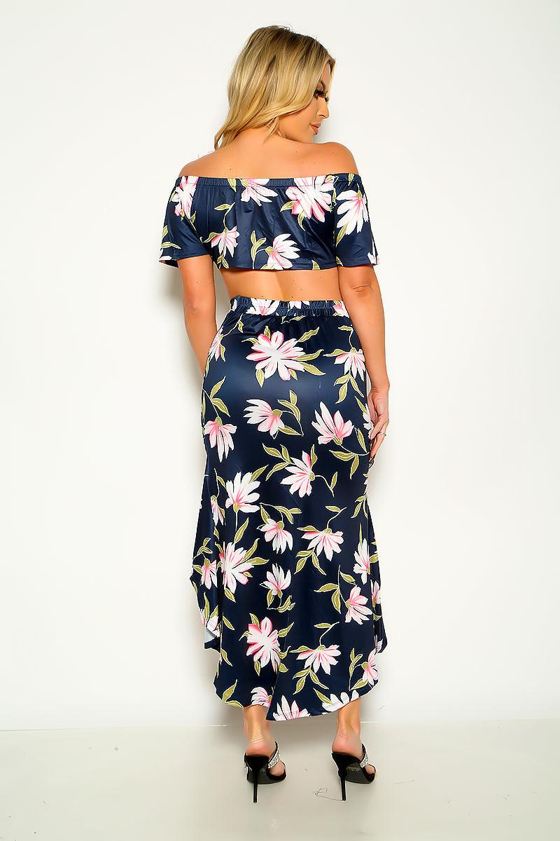 Navy Floral Off Shoulder Crop Top & Asymmetrical Hem Skirt Set - AMIClubwear