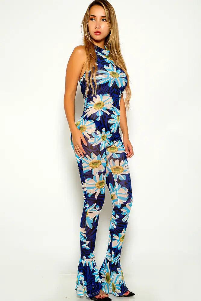 Navy Floral Print Mesh Jumpsuit - AMIClubwear