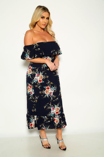 Navy Floral Ruffled Trim Off Shoulder Sexy Party Dress - AMIClubwear