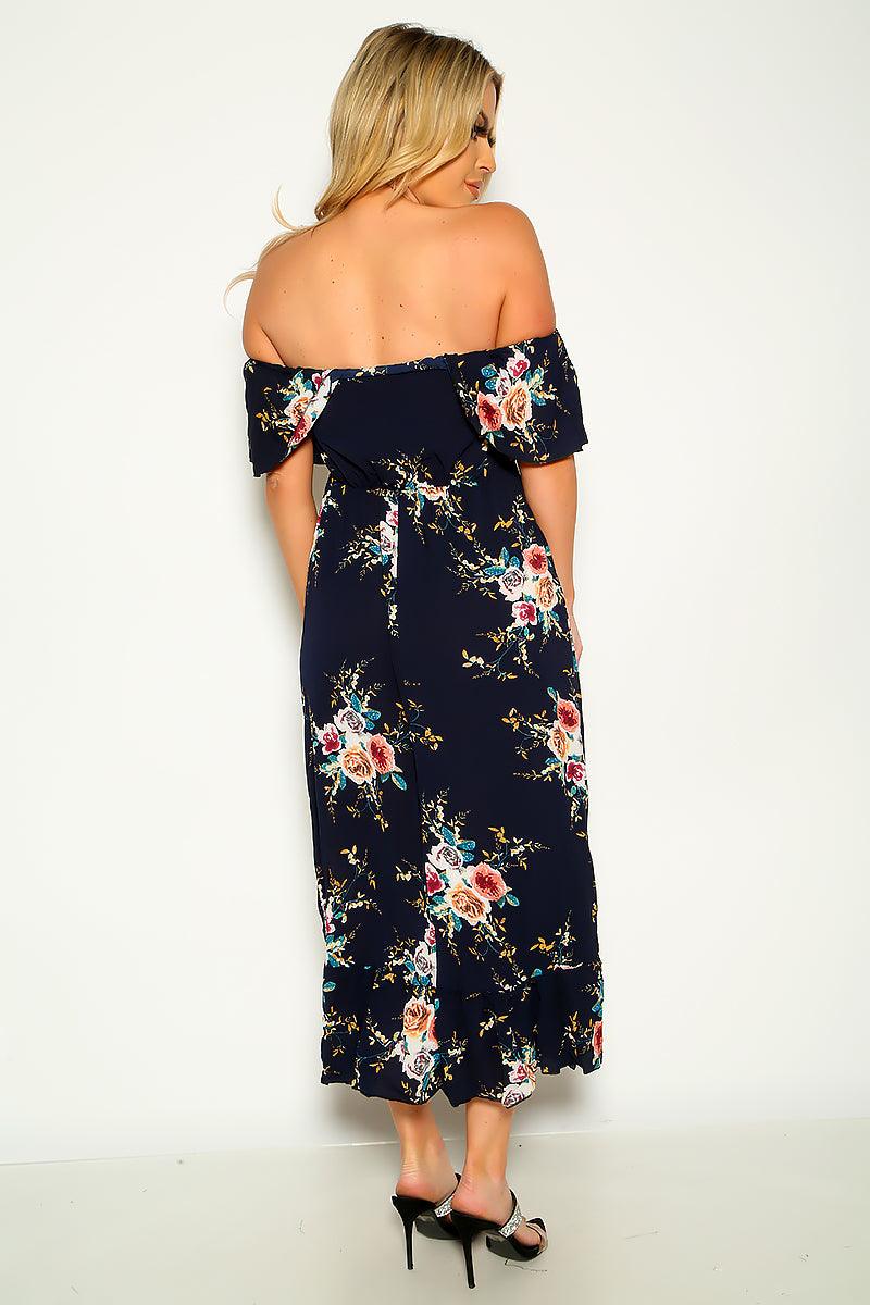 Navy Floral Ruffled Trim Off Shoulder Sexy Party Dress - AMIClubwear