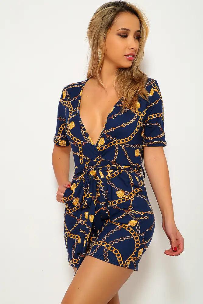 Navy Gold Graphic Print Casual Romper - AMIClubwear