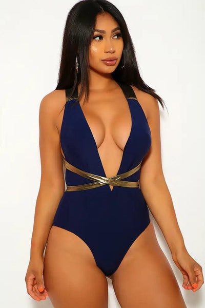 Navy Gold Metallic Plunging One Piece Swimsuit - AMIClubwear