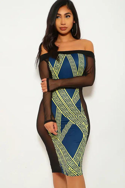 Navy Lime Mesh Off The Shoulder Party Dress - AMIClubwear