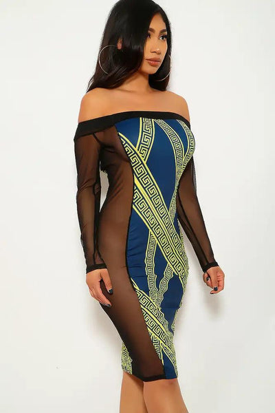 Navy Lime Mesh Off The Shoulder Party Dress - AMIClubwear