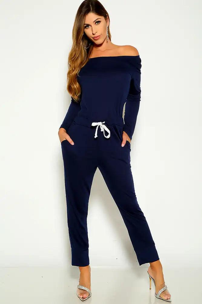 Navy Long Sleeve Off The Shoulder Jumpsuit Lounge Wear Outfit - AMIClubwear