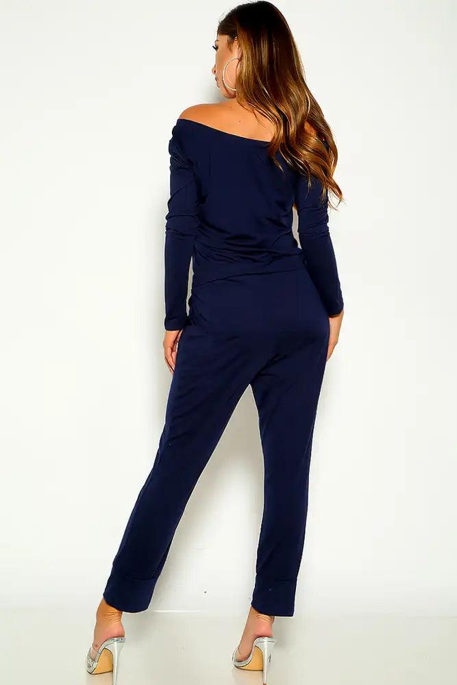 Navy Long Sleeve Off The Shoulder Jumpsuit Lounge Wear Outfit - AMIClubwear