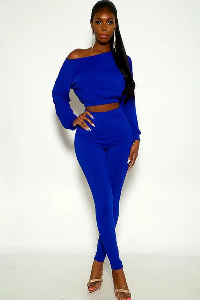 Navy Long Sleeve Ribbed Two Piece Outfit - AMIClubwear