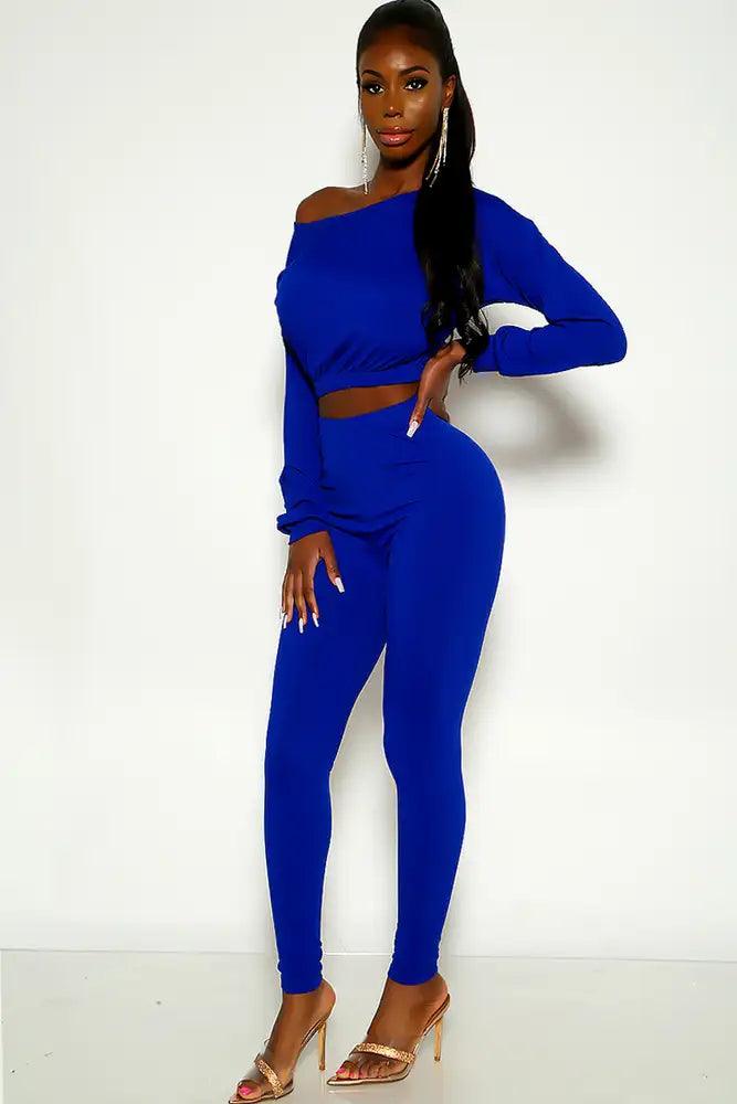 Navy Long Sleeve Ribbed Two Piece Outfit - AMIClubwear