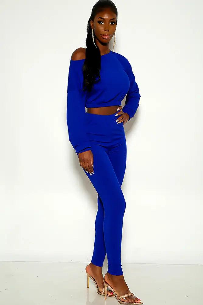 Navy Long Sleeve Ribbed Two Piece Outfit - AMIClubwear