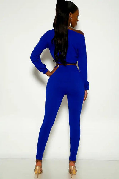 Navy Long Sleeve Ribbed Two Piece Outfit - AMIClubwear