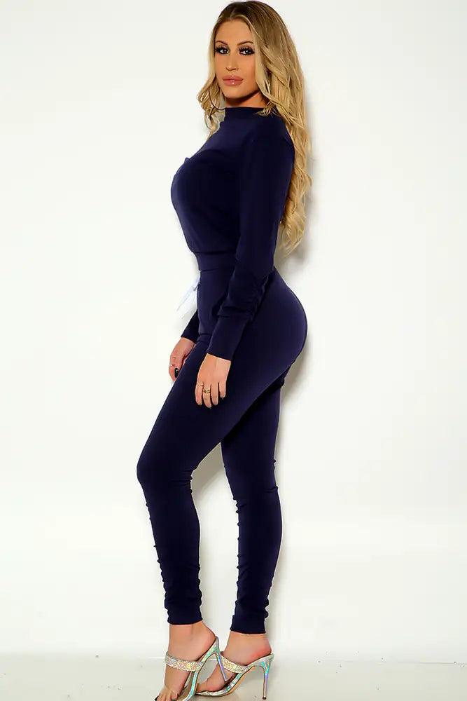 Navy Long Sleeve Ruched Comfortable Lounge Wear Outfit - AMIClubwear