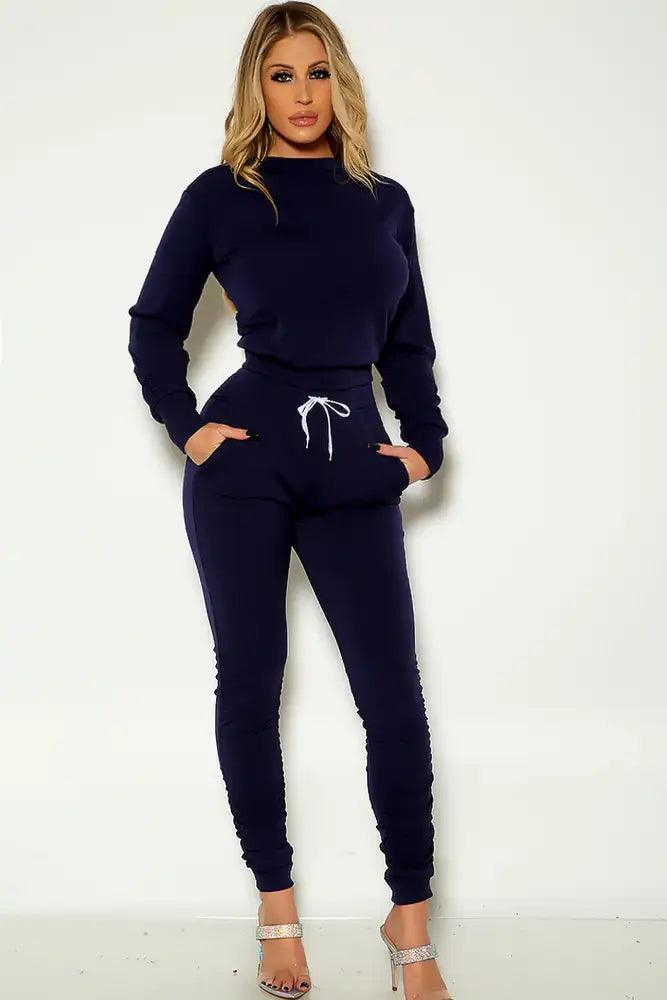 Navy Long Sleeve Ruched Comfortable Lounge Wear Outfit - AMIClubwear