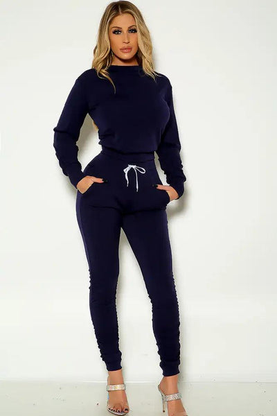 Navy Long Sleeve Ruched Comfortable Lounge Wear Outfit - AMIClubwear