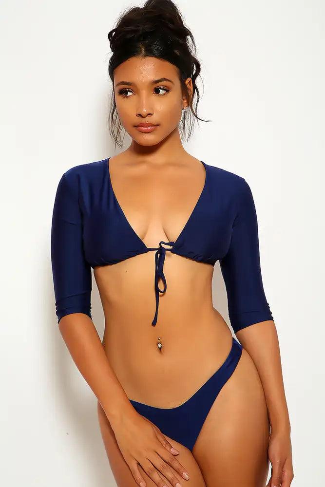 Navy Long Sleeves Pucker Back Two Piece Swimsuit - AMIClubwear