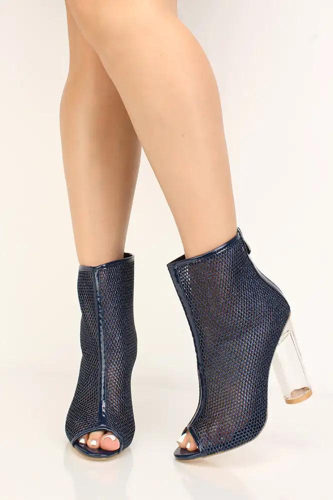 Navy Netted Glittery Chunky Heel Booties - AMIClubwear