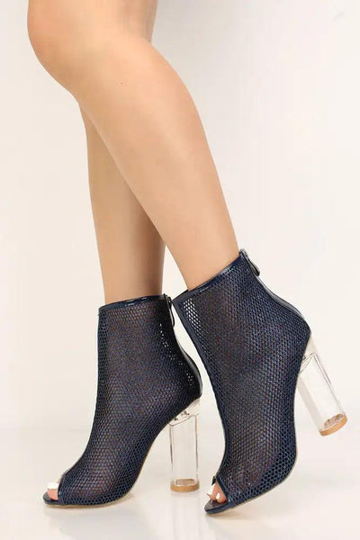 Navy Netted Glittery Chunky Heel Booties - AMIClubwear