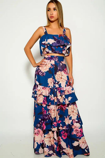 Navy Pink Floral Print Two Piece Dress - AMIClubwear