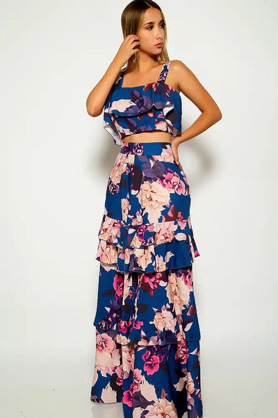 Navy Pink Floral Print Two Piece Dress - AMIClubwear