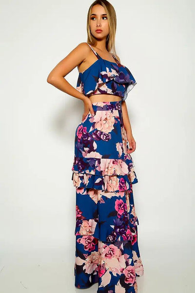 Navy Pink Floral Print Two Piece Dress - AMIClubwear