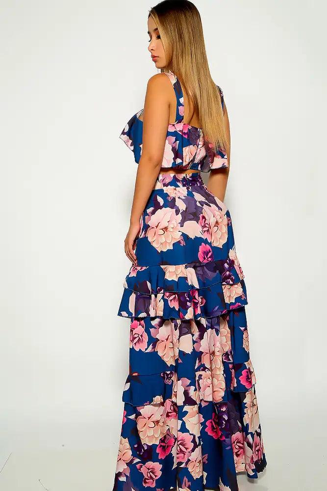 Navy Pink Floral Print Two Piece Dress - AMIClubwear