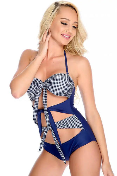 Navy Plaid Tri Strap Front Tie One Piece Swimsuit - AMIClubwear