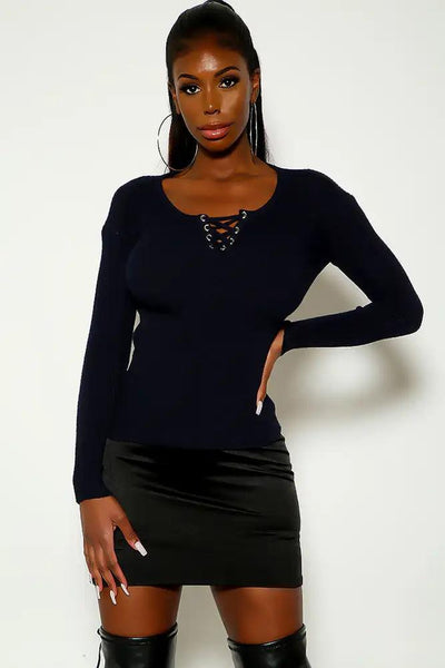 Navy Ribbed Long Sleeve Lace Up Detail Sweater - AMIClubwear