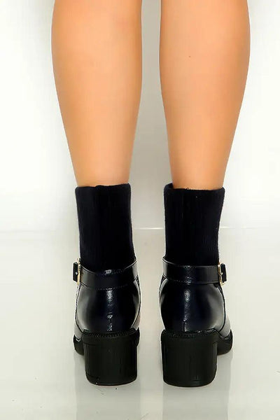 Navy Round Toe Buckle Knitted Bootie - AMIClubwear