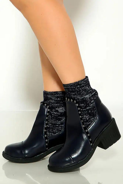 Navy Round Toe Studded Knitted Bootie - AMIClubwear